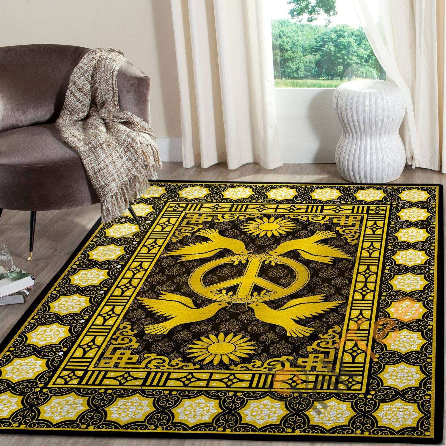 The Combination Of Sunflowers Peace Sign And Doves Hippie Mandala Sun Soft Living Room Carpet Rug