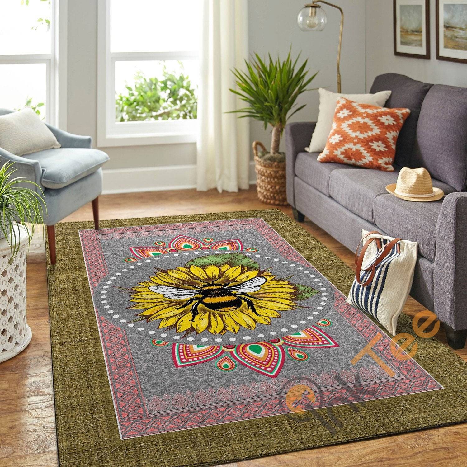 The Sunflower & A Bee In Mandala Pattern Hippie Soft Livingroom Bedroom Carpet Highlight For Home Rug