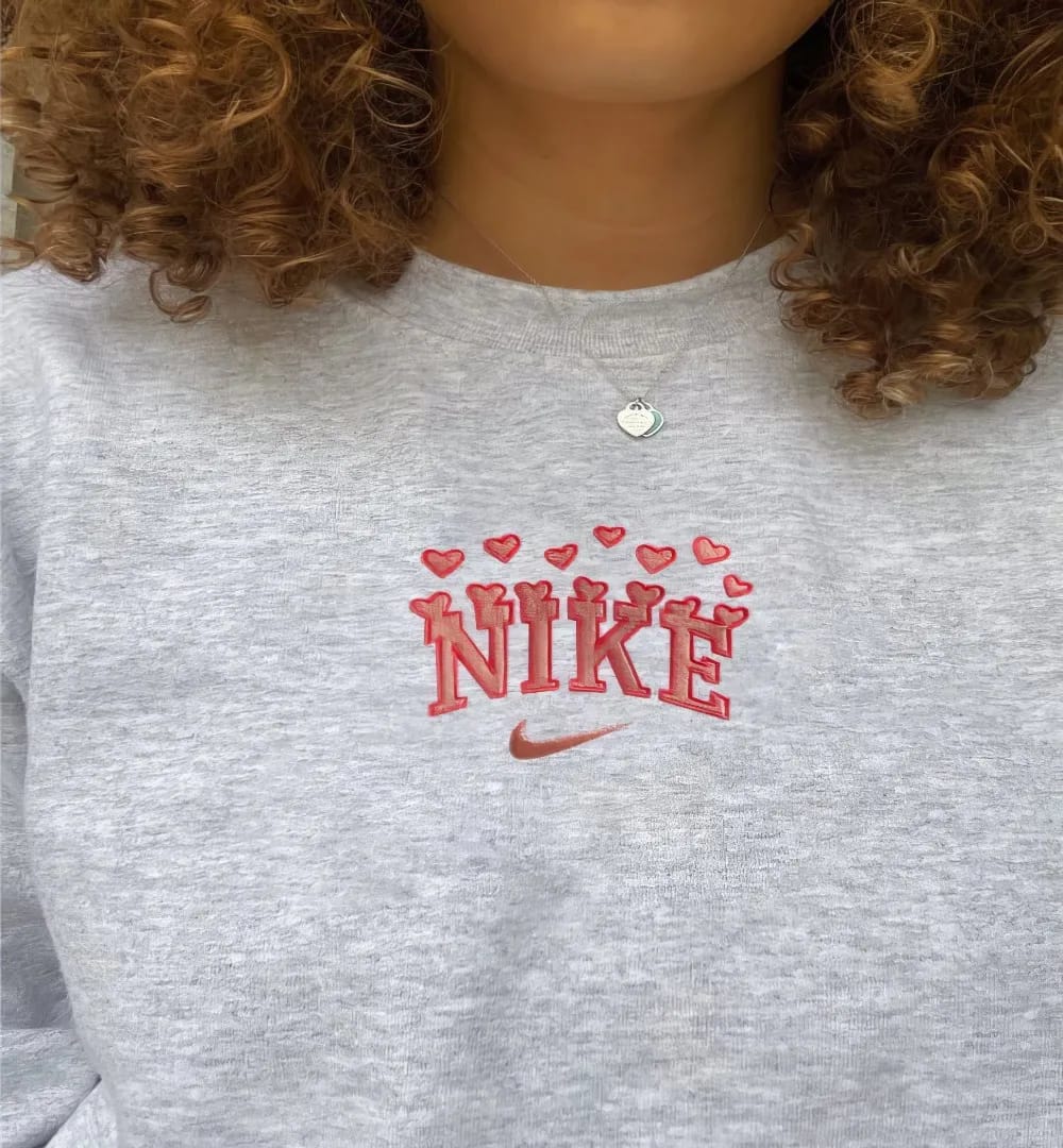 White Custom Nike Hearts Embroidered Swoosh Sweatshirt/T-Shirt/Hoodie Embroidery
