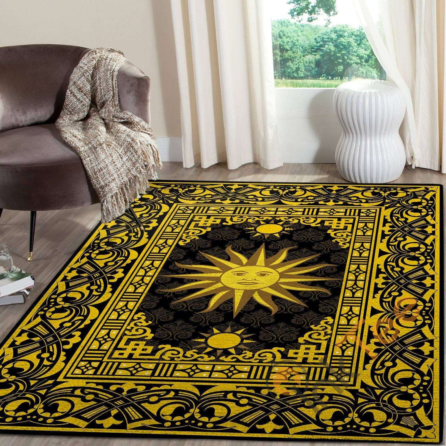 Wonderful Sun In Black&Amp;Golden Royal Background Hippie Soft Living Room Bedroom Carpet Highlight For Home Beautiful Rug