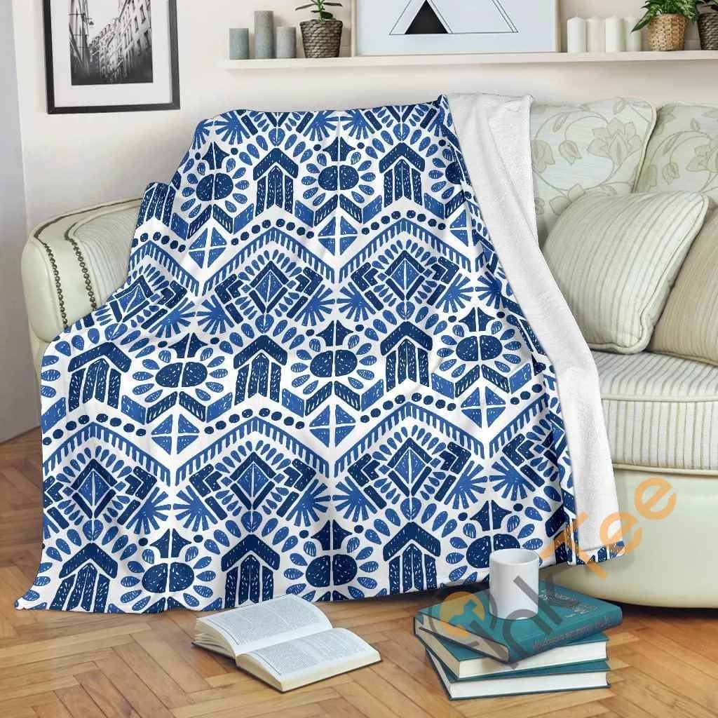Blue And White Aztec Pattern Premium Fleece Blanket