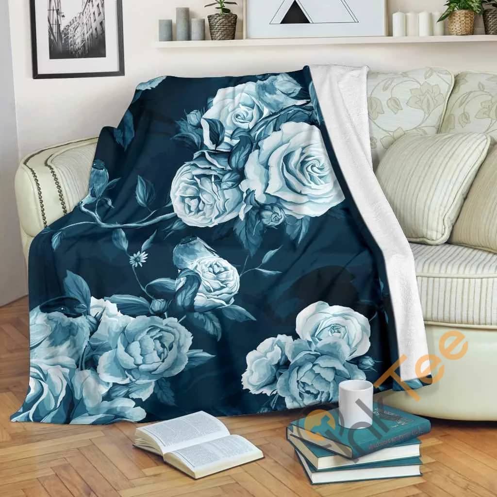 Blue Rose Floral Flower Pattern Premium Fleece Blanket