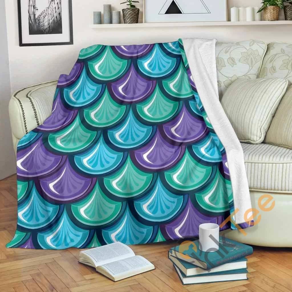 Teal Mermaid Scales Pattern Premium Fleece Blanket
