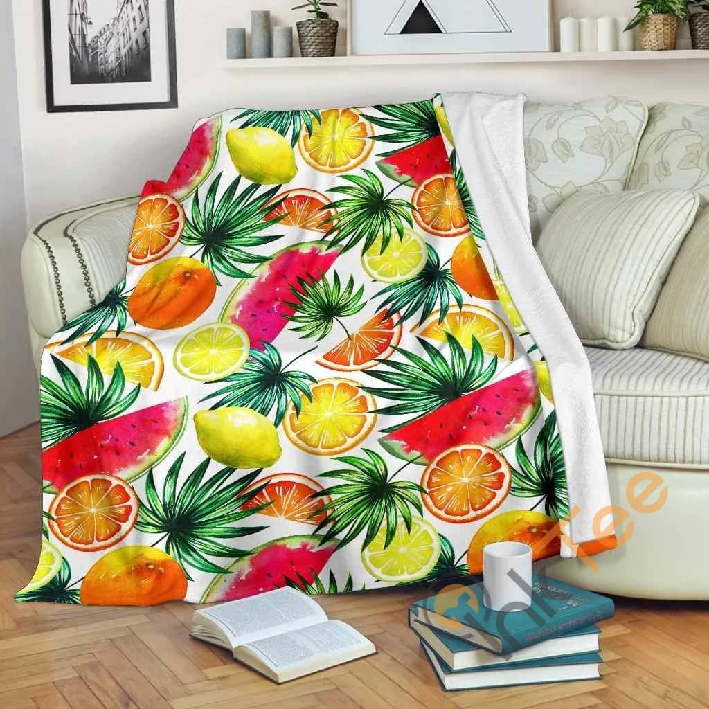 Tropical Fruit Leaf Pattern Premium Fleece Blanket