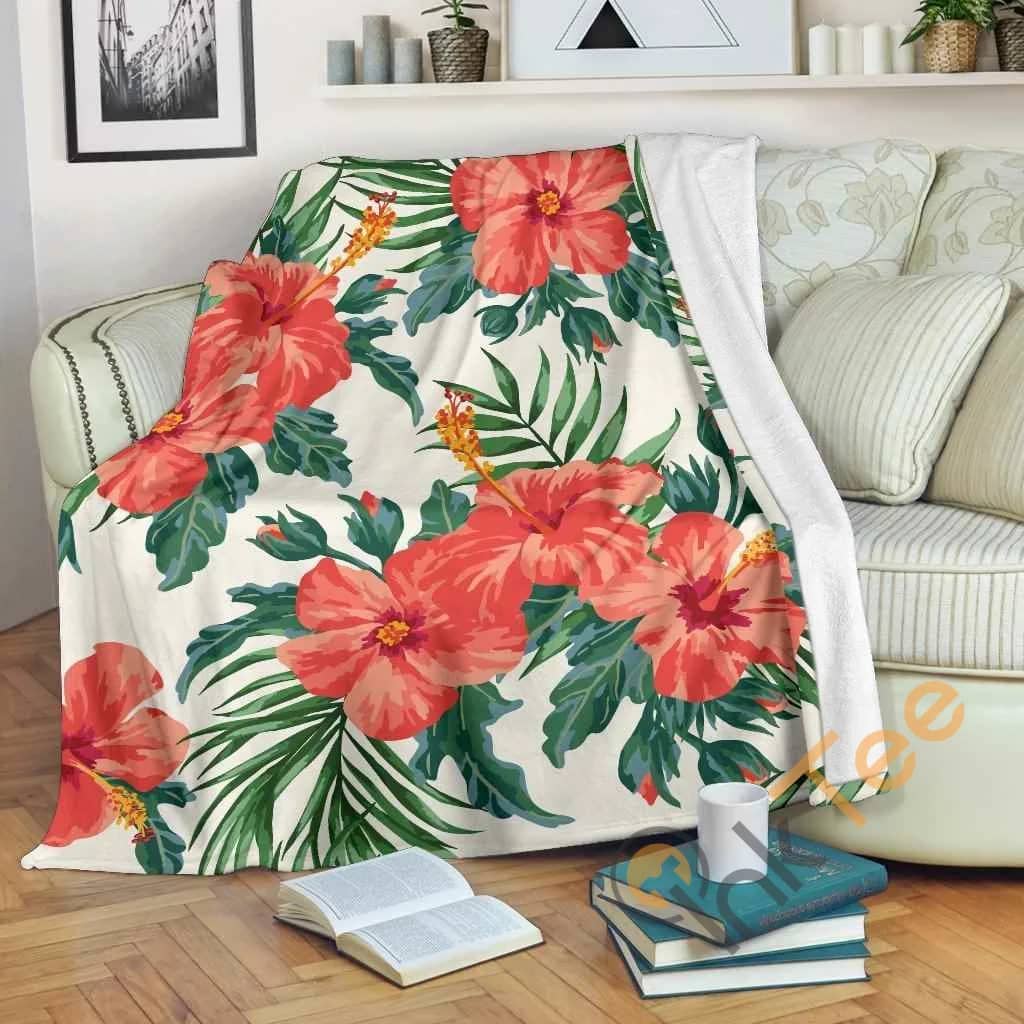 Tropical Hibiscus Blossom Pattern Premium Fleece Blanket