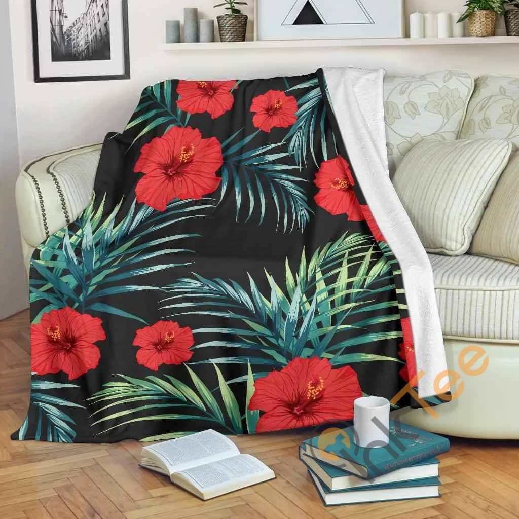Tropical Hibiscus Leaves Pattern Premium Fleece Blanket