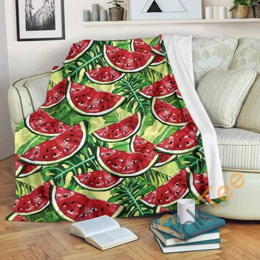 Tropical Leaves Watermelon Pattern Premium Fleece Blanket