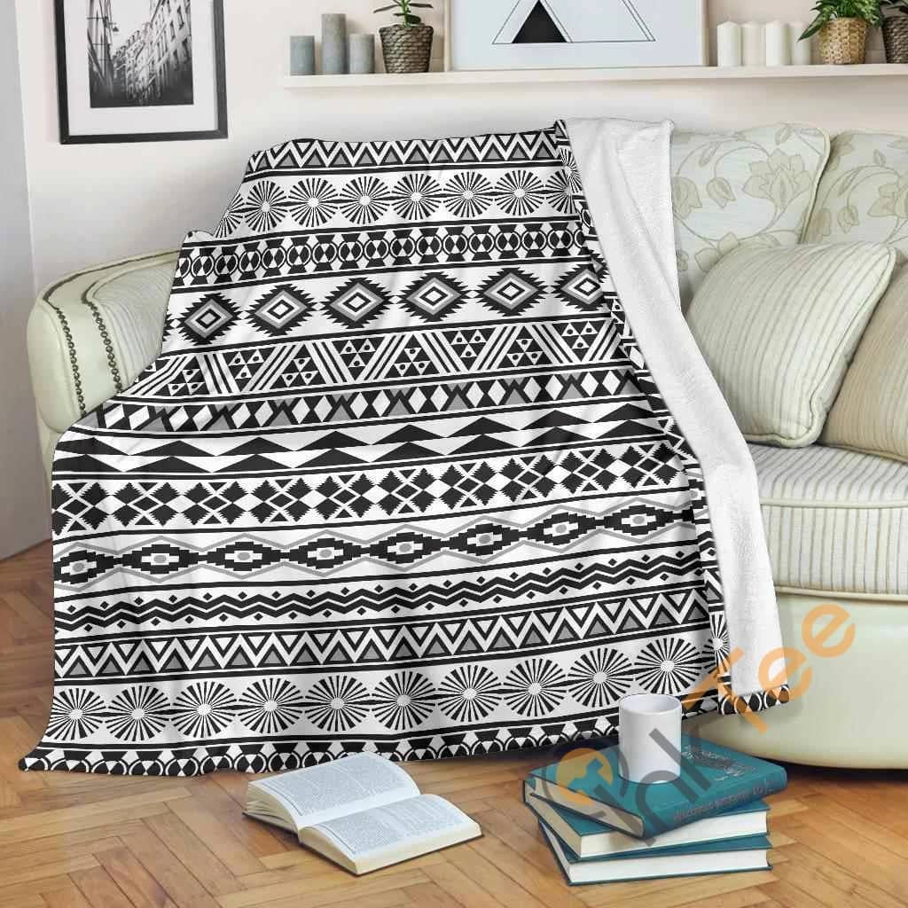 White And Grey Aztec Pattern Premium Fleece Blanket