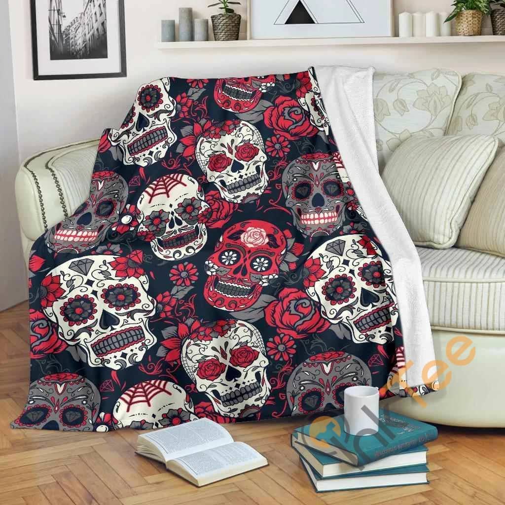 White Red Sugar Skull Pattern Premium Fleece Blanket