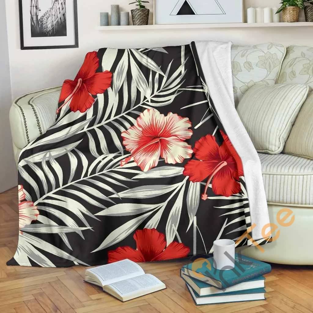 White Tropical Hibiscus Pattern Premium Fleece Blanket