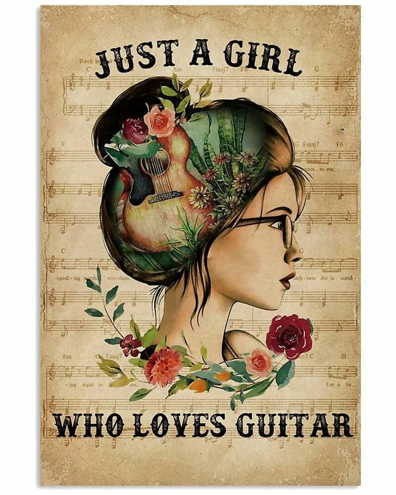 A Girl Who Loves Guitar , Floral Music Sheet Wall Decor Artwork For Her Poster