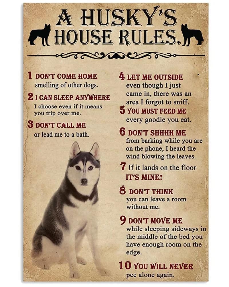A Husky House Rules Unframed , Wrapped Frame Canvas Wall Decor, Dog , Animal Poster