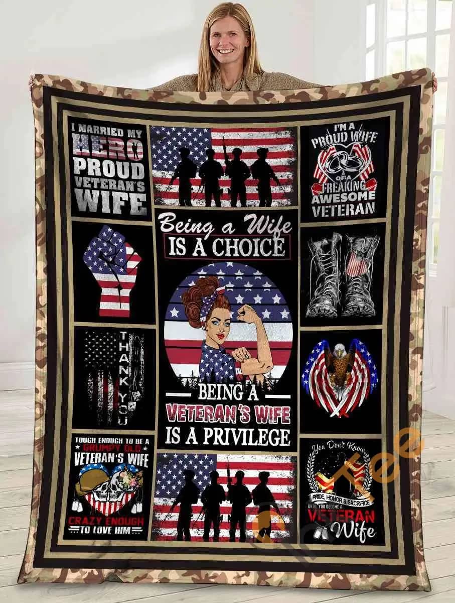 Being A Wife Is A Choice Being A Veteran's Wife Is A Privilege American Usa Flag Ultra Soft Cozy Plush Fleece Blanket