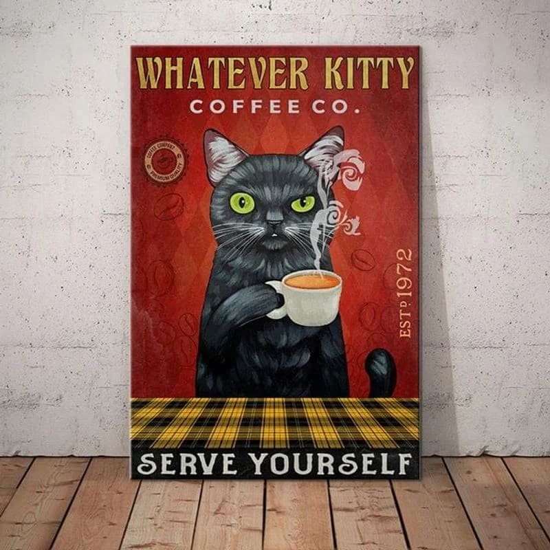 Black Cat Drinking Coffee Unframed , Wrapped Canvas Wall Decor Poster