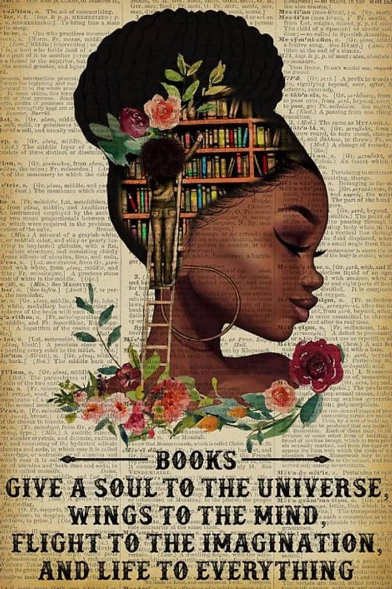 Books Give A Soul Reading Black Girl Vertical Unframed / Wrapped Canvas Wall Decor Poster