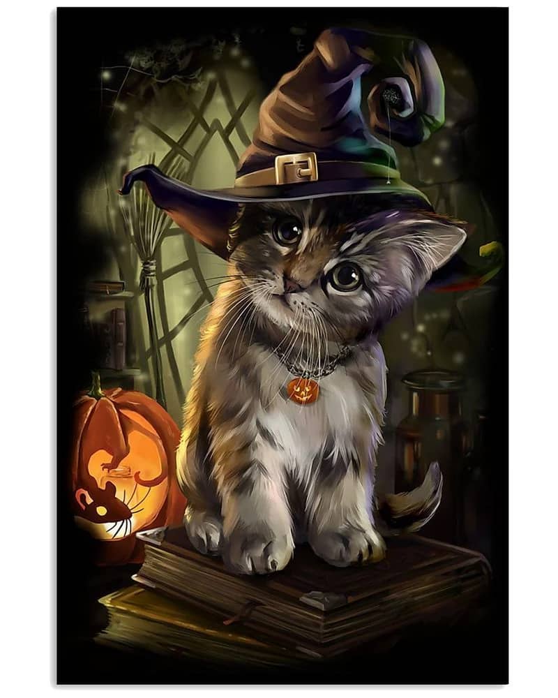 Cat And Halloween Unframed Satin Paper , Wrapped Frame Canvas Wall Decor Poster