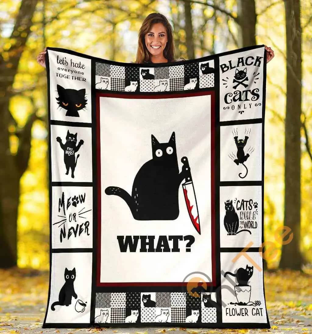 Cat Lover Gifts What? Funny Murderous Black Cat Ultra Soft Cozy Plush Fleece Blanket