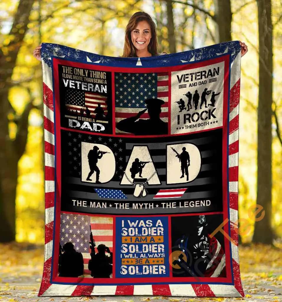 Dad The Man The Myth The Legend American Us Flag Veteran Soldier Ultra Soft Cozy Plush Fleece Blanket