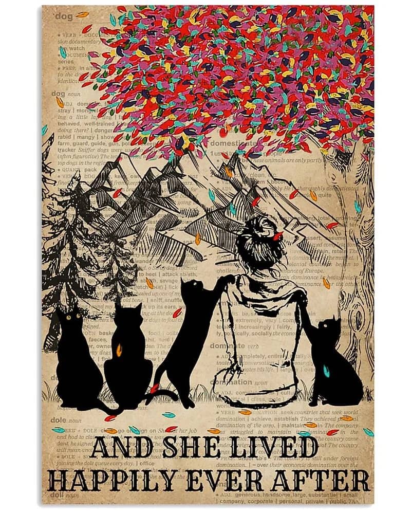 Dictionary Girl Happily Ever Black Cat Unframed / Wrapped Canvas Wall Decor Poster