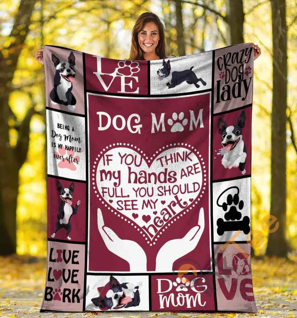 Dog Mom Hands Raise Heart Boston Terrier Dog Ultra Soft Cozy Plush Fleece Blanket