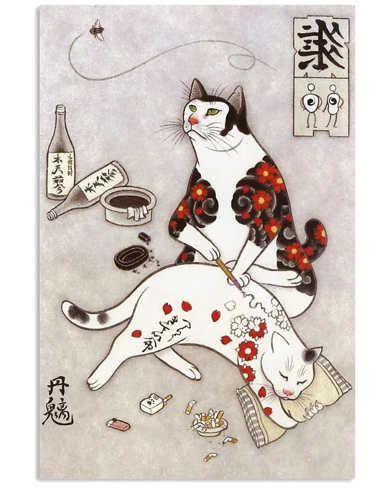 Flower Tattoo Cat Unframed / Wrapped Canvas Wall Decor Poster