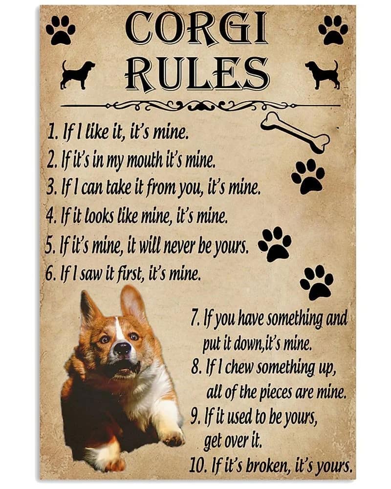 Funny Rules For Your Dog Corgi Unframed , Wrapped Frame Canvas Wall Decor, Dog , Animal Poster