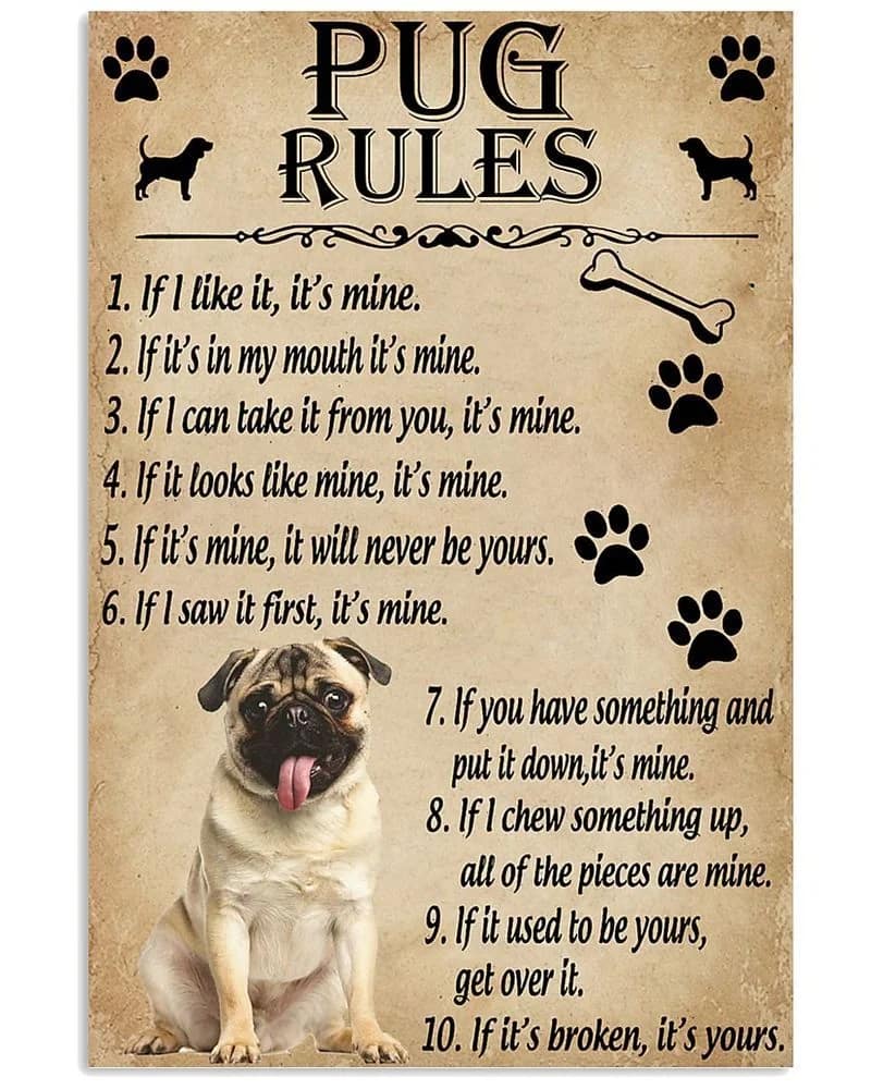 Funny Rules For Your Dog Pug Unframed , Wrapped Frame Canvas Wall Decor, Dog , Animal Poster