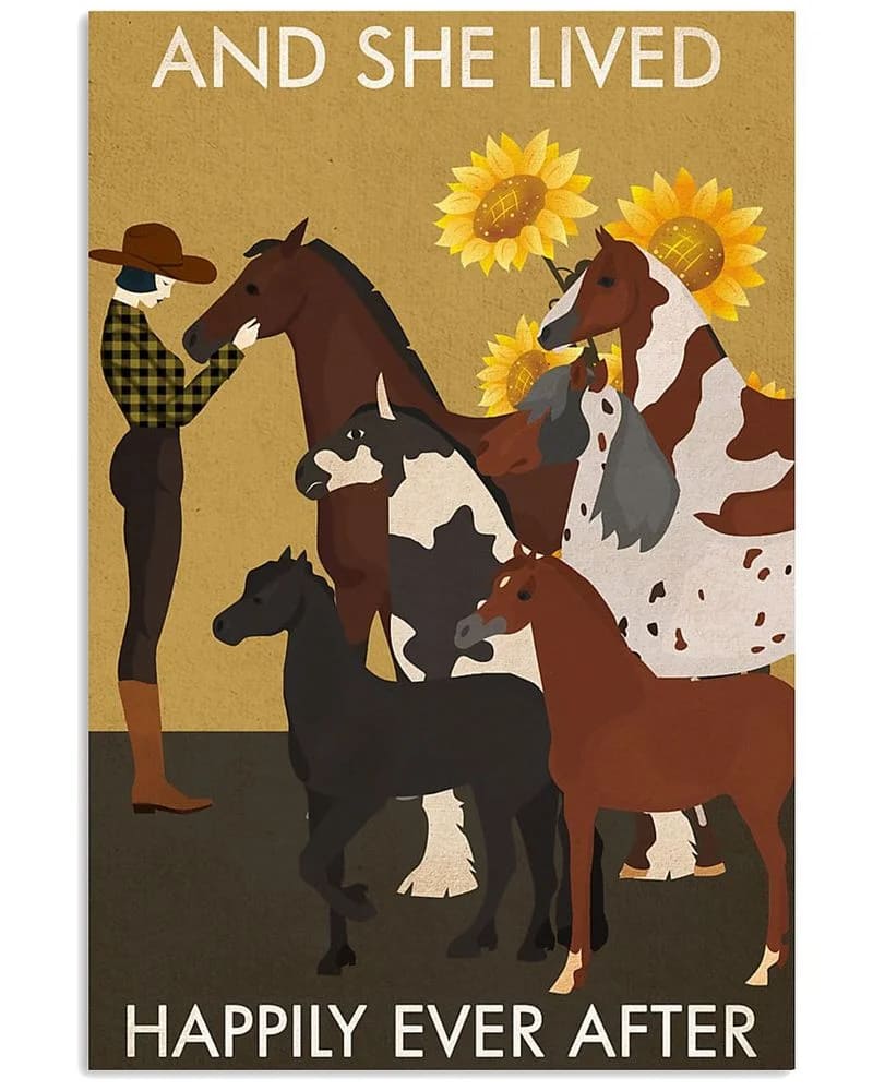 Girl Sunflower Lived Happily Horse Unframed / Wrapped Canvas Wall Decor Poster