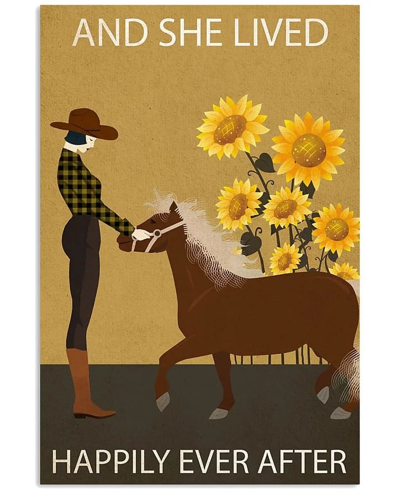 Girl Sunflower Lived Happily Miniature Horse Unframed / Wrapped Canvas Wall Decor Poster