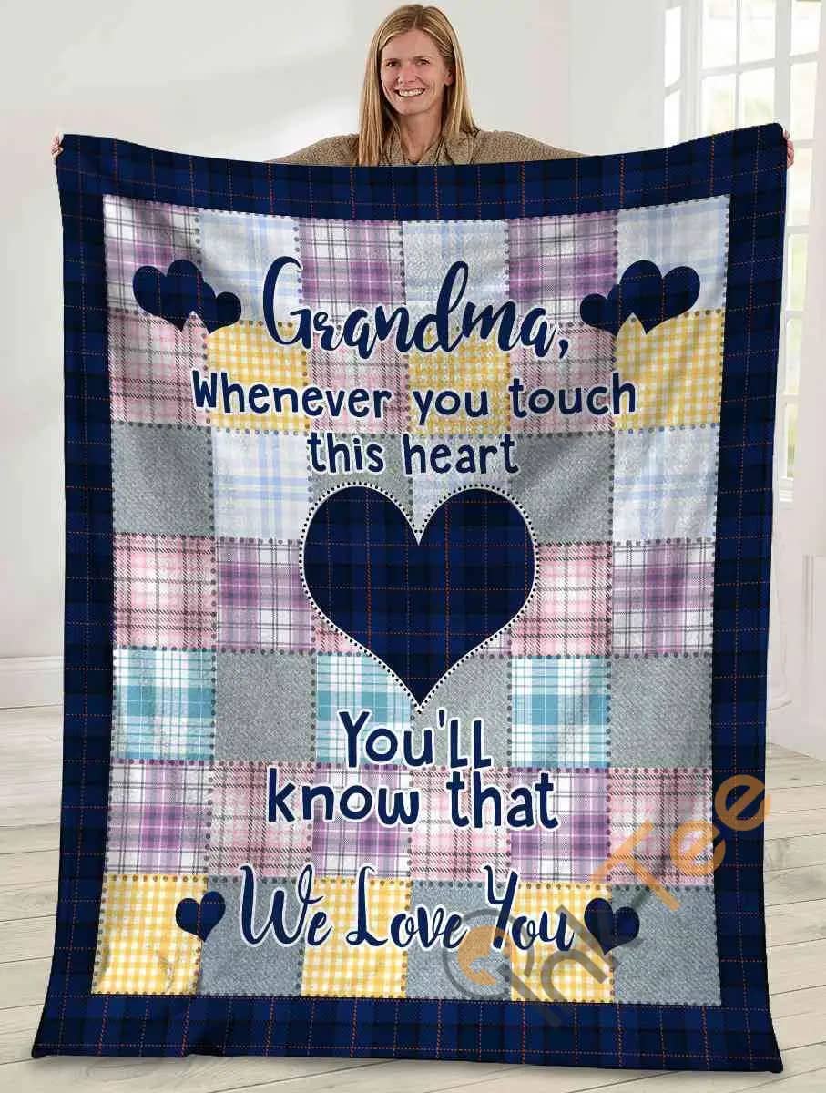 Grandma Whenever You Touch This Heart You'll Know That We Love You Grandmother Plaid Ultra Soft Cozy Plush Fleece Blanket