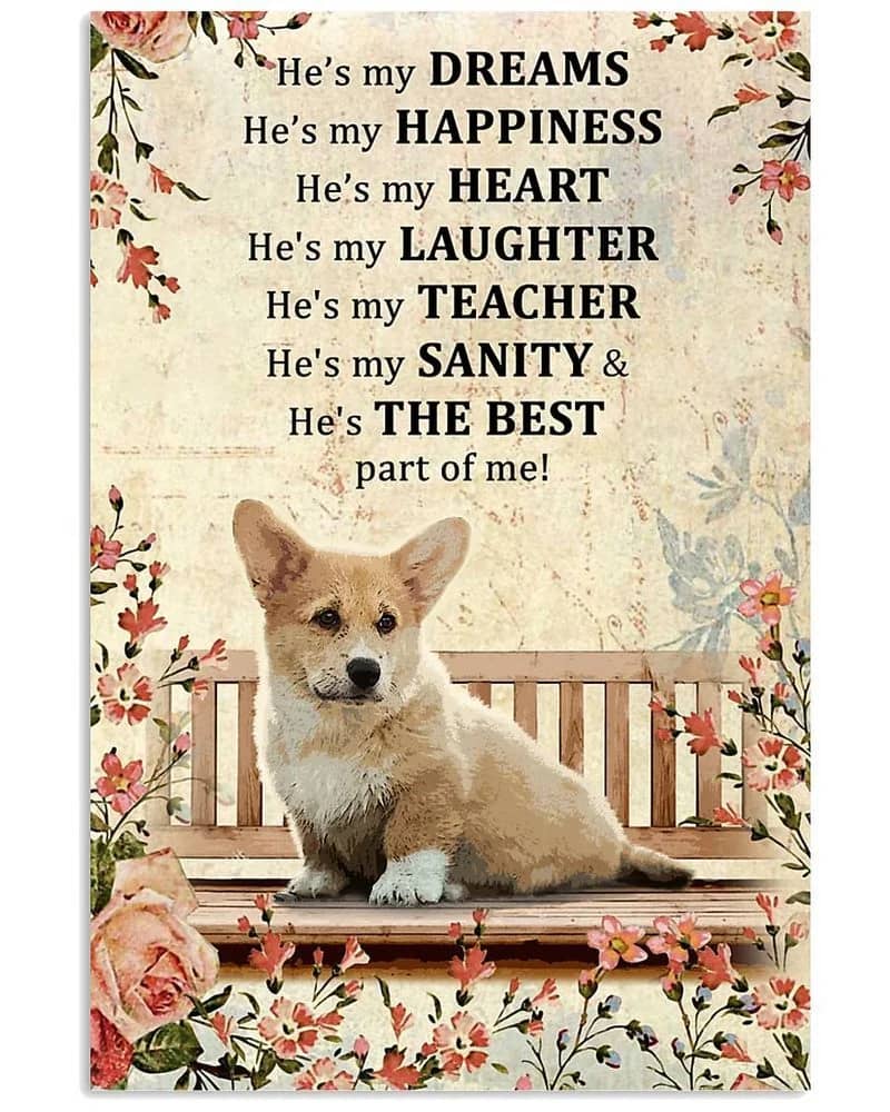 He'S My Dream He'S My Happiness Corgi Unframed , Wrapped Frame Canvas Wall Decor, Dog , Animal Poster