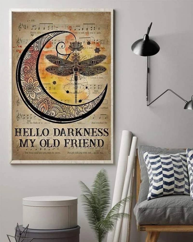 Hippie Dragonfly And Moon Hello Darkness My Old Friend Unframed / Wrapped Canvas Wall Decor Poster