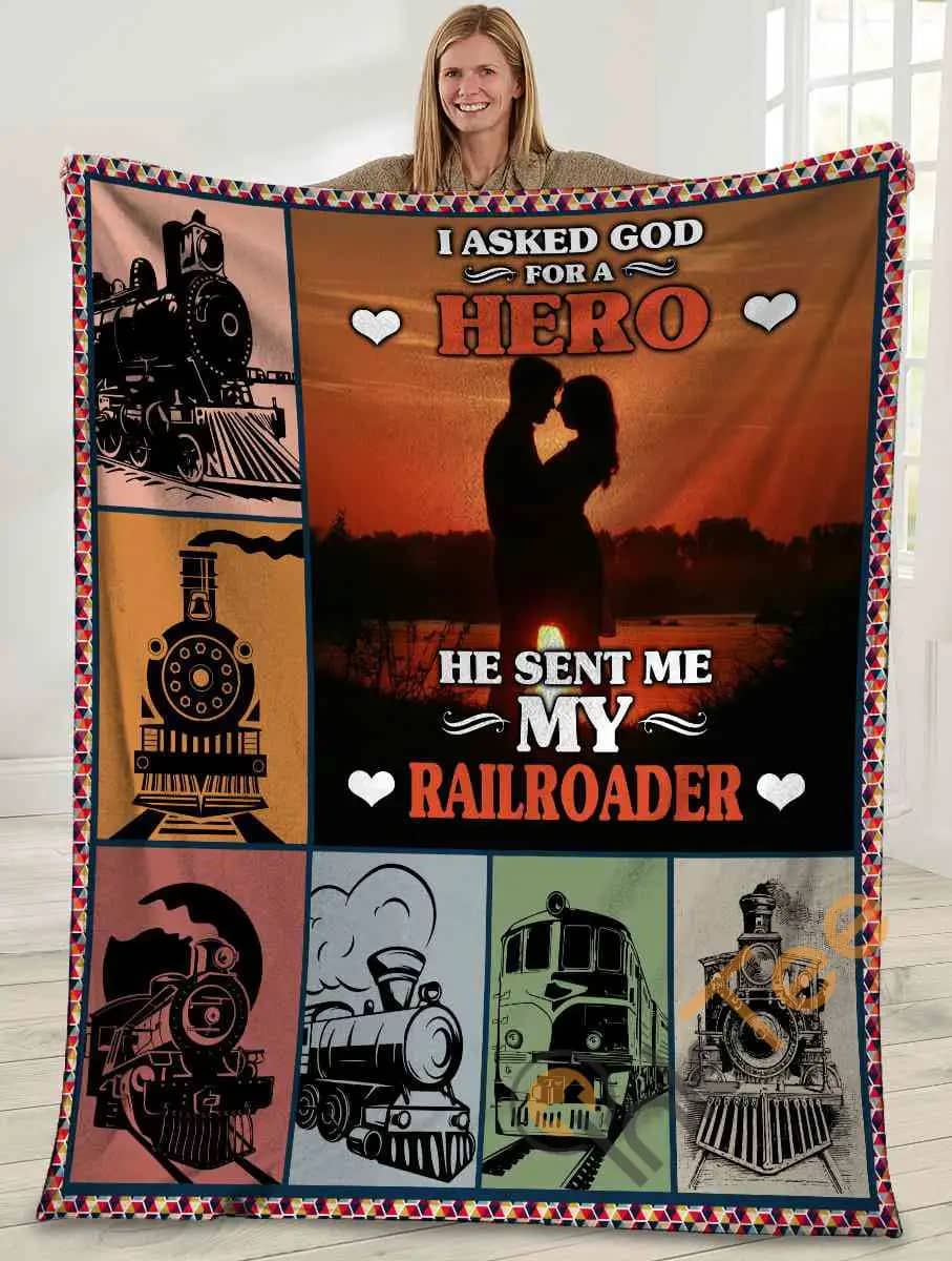 I Asked God For A Hero He Sent Me My Railroader Husband And Wife Sunset Ultra Soft Cozy Plush Fleece Blanket