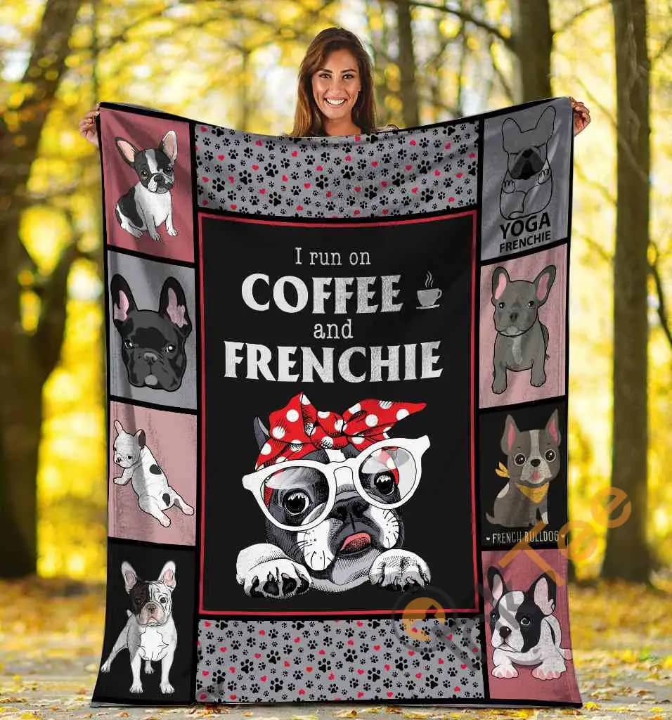 I Run On Coffee And Frenchie French Bulldog Dog Red Dot Bandana Ultra Soft Cozy Plush Fleece Blanket