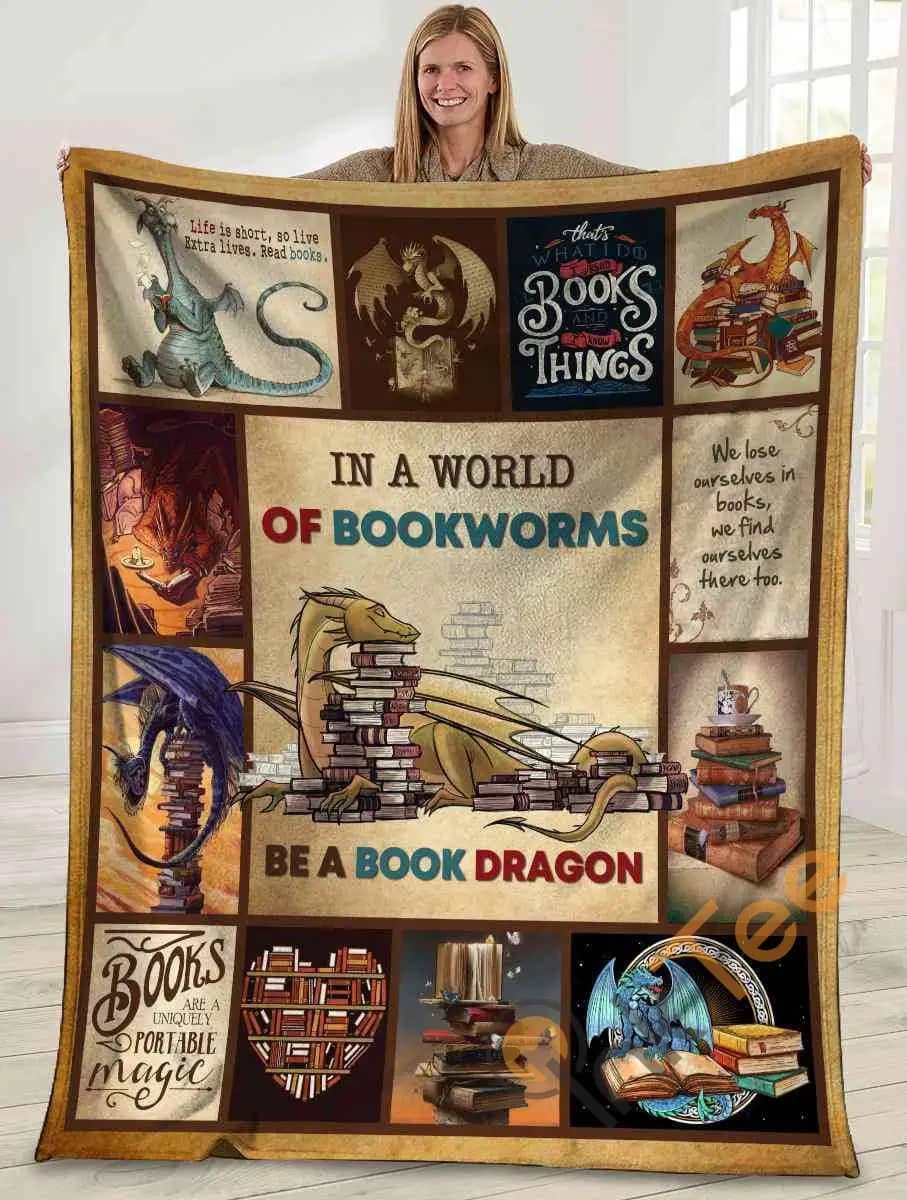 In A World Of Bookworms Be A Book Dragon Bookshelf Book Lover Ultra Soft Cozy Plush Fleece Blanket