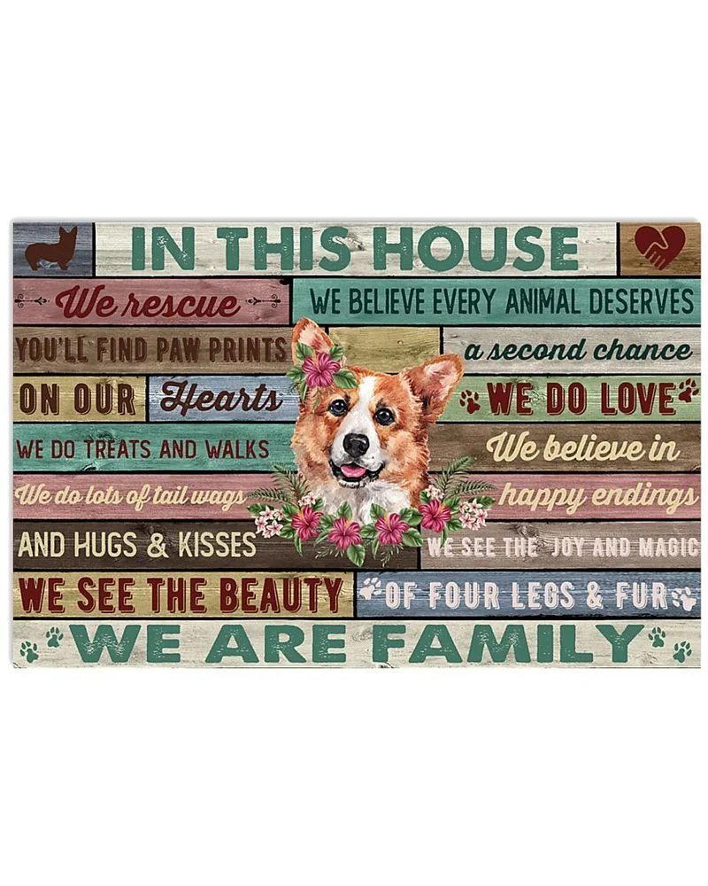 In This House We Are Family Corgi Unframed , Wrapped Frame Canvas Wall Decor, Dog , Animal Poster