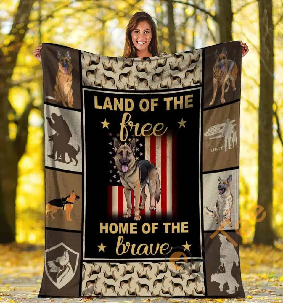 Land Of The Free Home Of The Brave German Shepherd Police Dog American Usa Flag Ultra Soft Cozy Plush Fleece Blanket