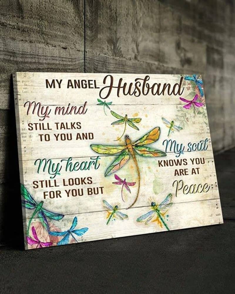 My Husband In Heaven , Dragonfly My Angel Husband My Mind Still Talk To You Unframed Satin Paper , Wrapped Frame Canvas Wall Decor Poster