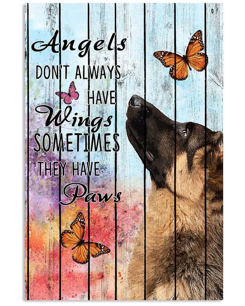 Pallet Angels Sometimes Have Paws German Shepherd Unframed , Wrapped Frame Canvas Wall Decor, Dog , Animal Poster