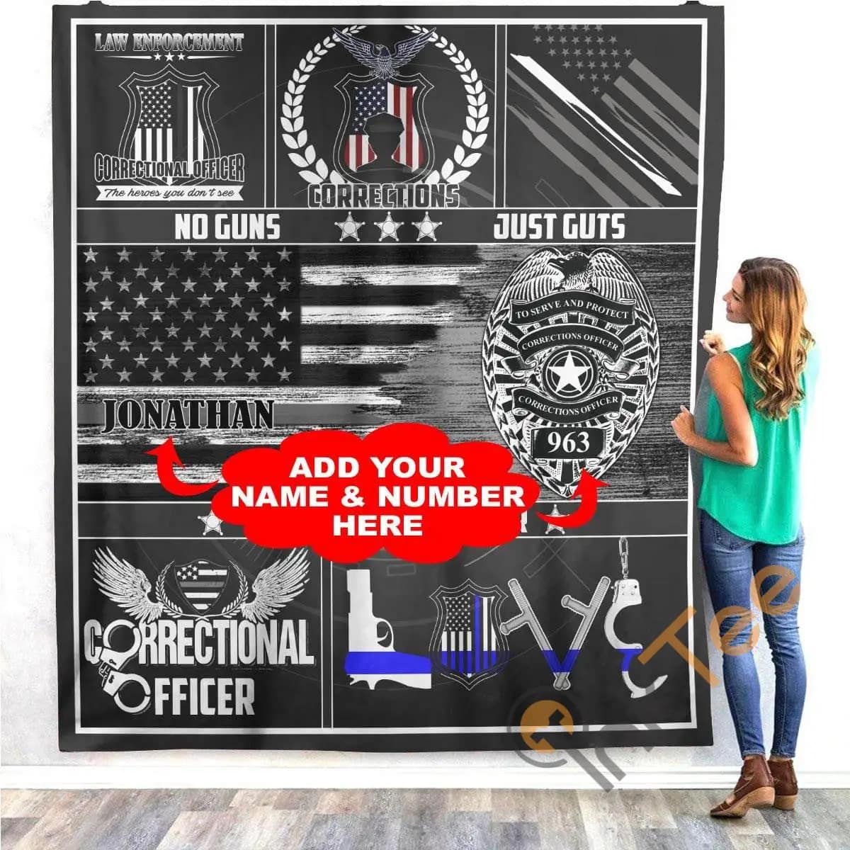 Personalized Name Badge Number Corrections Officer Thin Silver Grey Gray Line American Flag Birthday Christmas Patriotic Correctional Gifts For Dad Mom Husband Wife Kids Son Daughter Fleece Blanket
