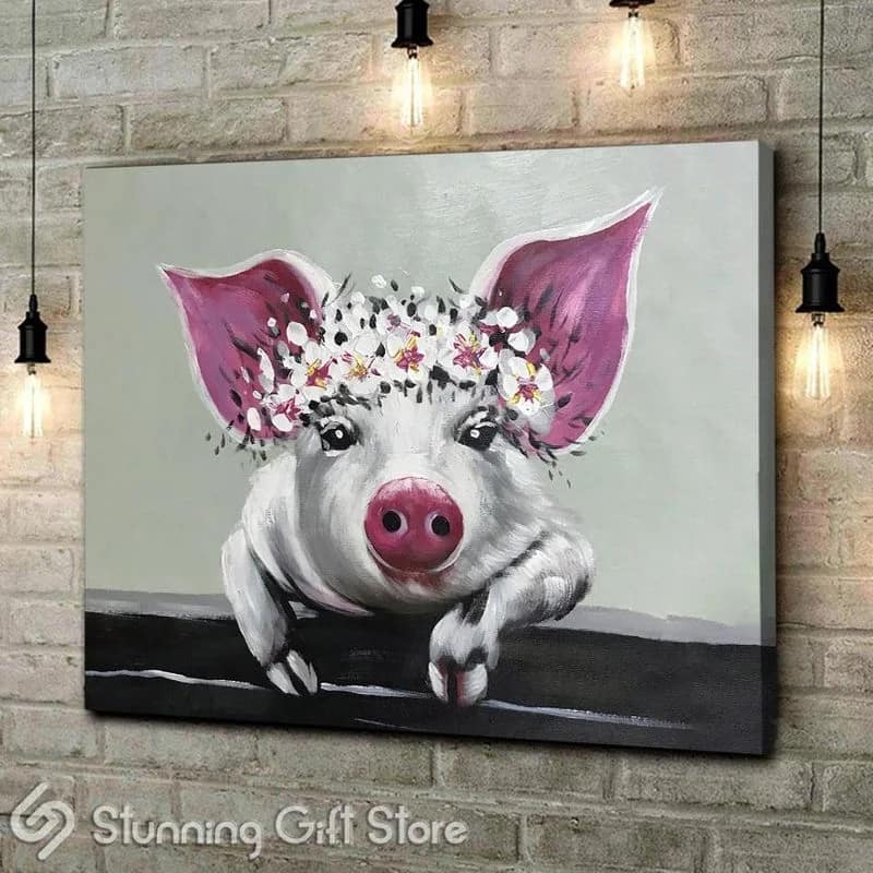 Pig And Flowers Farme Animal Unframed / Wrapped Canvas Wall Decor Poster
