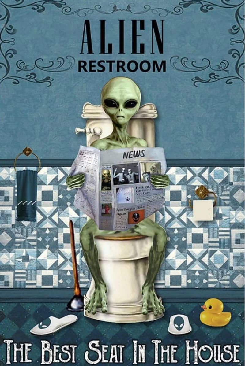 Reading News Restroom Alien Vertical Unframed / Wrapped Canvas Wall Decor Poster