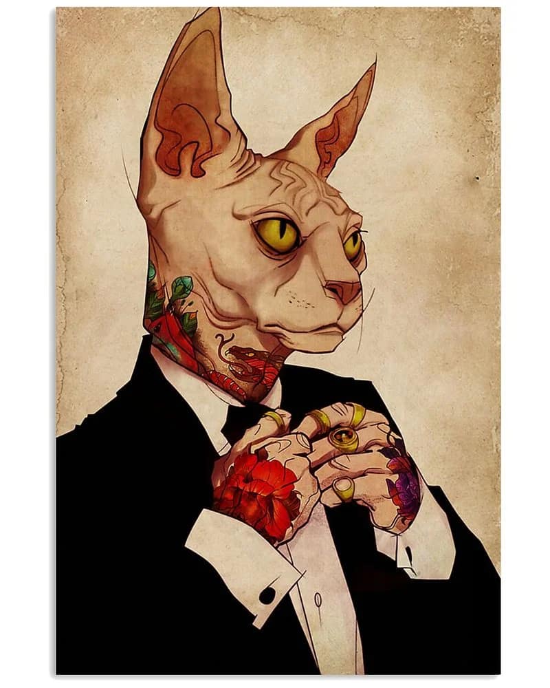 Tattoo Human Drawing Sphynx Cat Unframed , Wrapped Canvas Wall Decor - Frame Not Include Poster