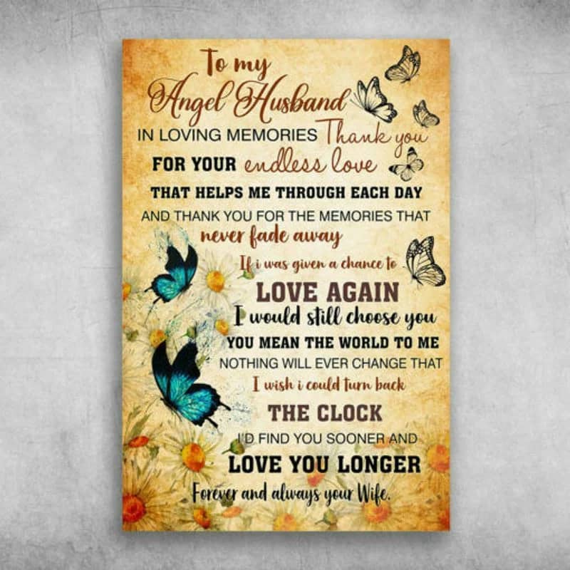 To My Angel Husband In Loving Memories Thank You Unframed Satin Paper , Wrapped Frame Canvas Wall Decor, Gift For Farther, Birthday Gift Ideas, Father'S Day Gift Poster