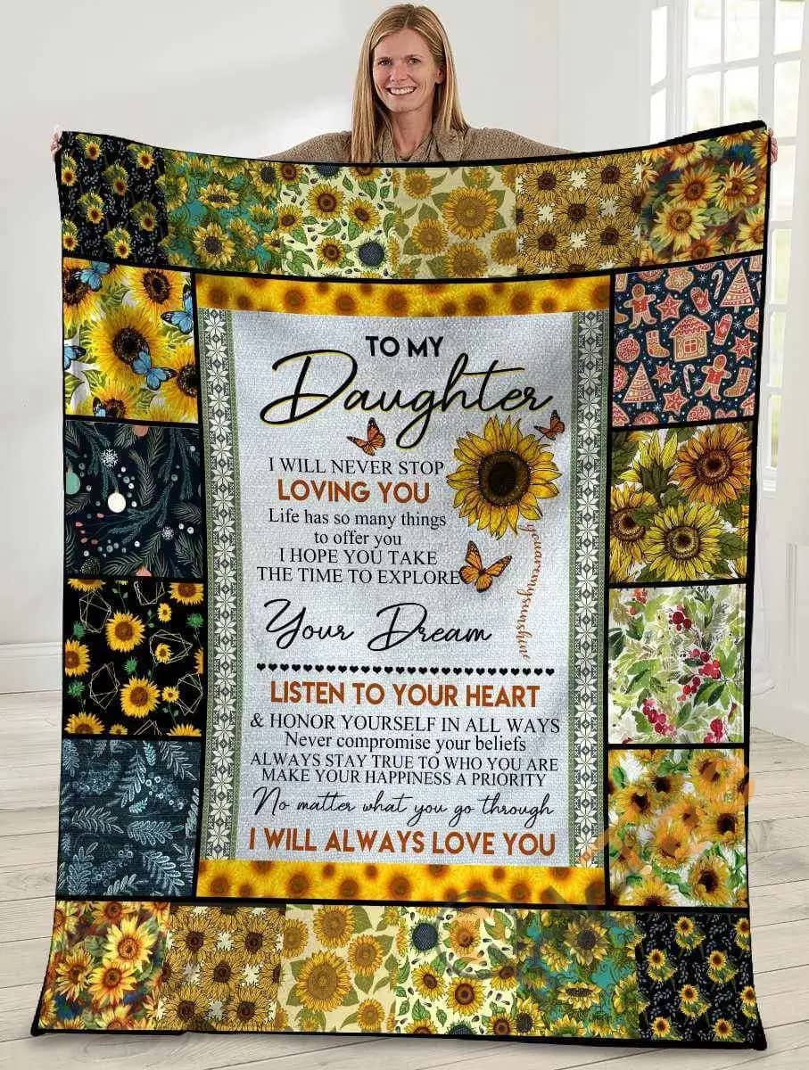 To My Daughter I Will Never Stop Mom And Daughter Sunflower Hippie Ultra Soft Cozy Plush Fleece Blanket
