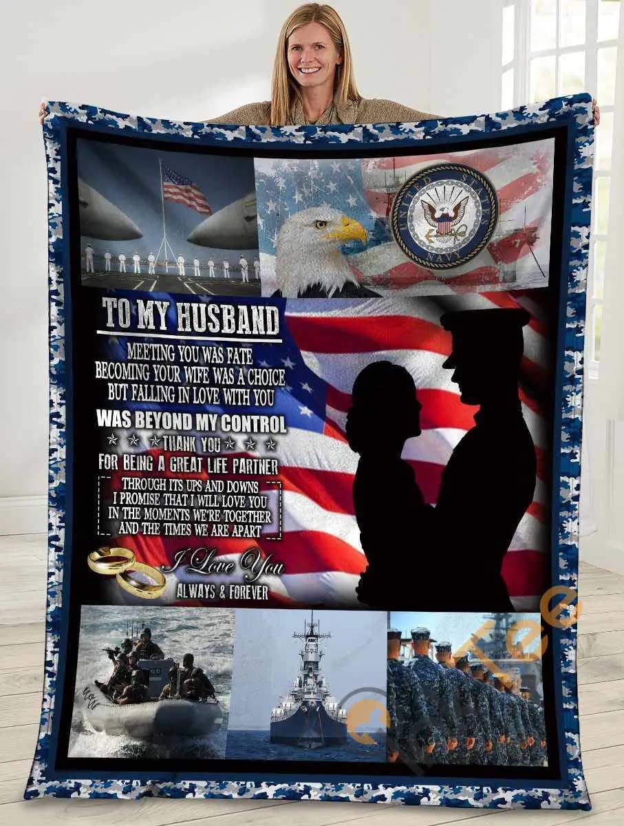 To My Husband Meeting You Was Fate Us. Navy Husband And Wife Eagle American Usa Flag Ultra Soft Cozy Plush Fleece Blanket