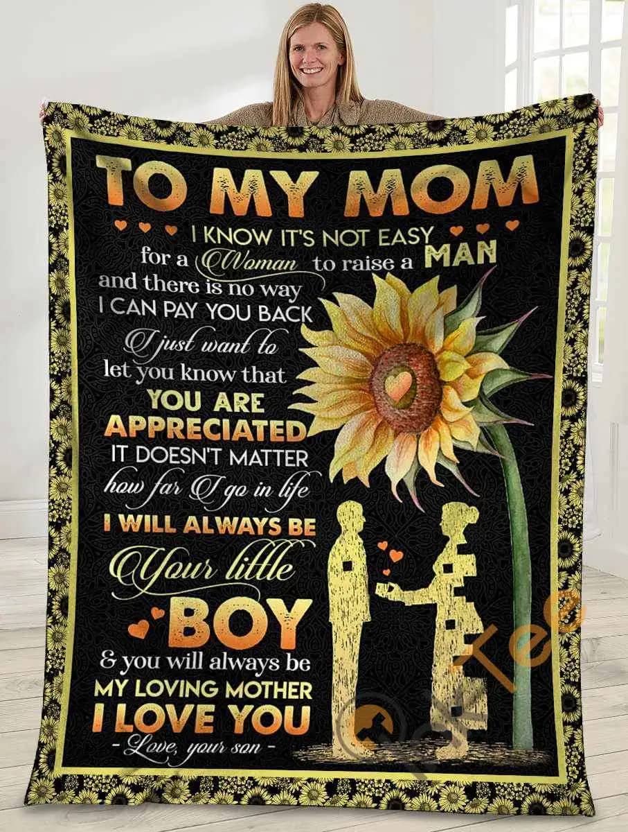 To My Mom I Know It'S Not Easy Mom And Son Sunflower Ultra Soft Cozy Plush Fleece Blanket