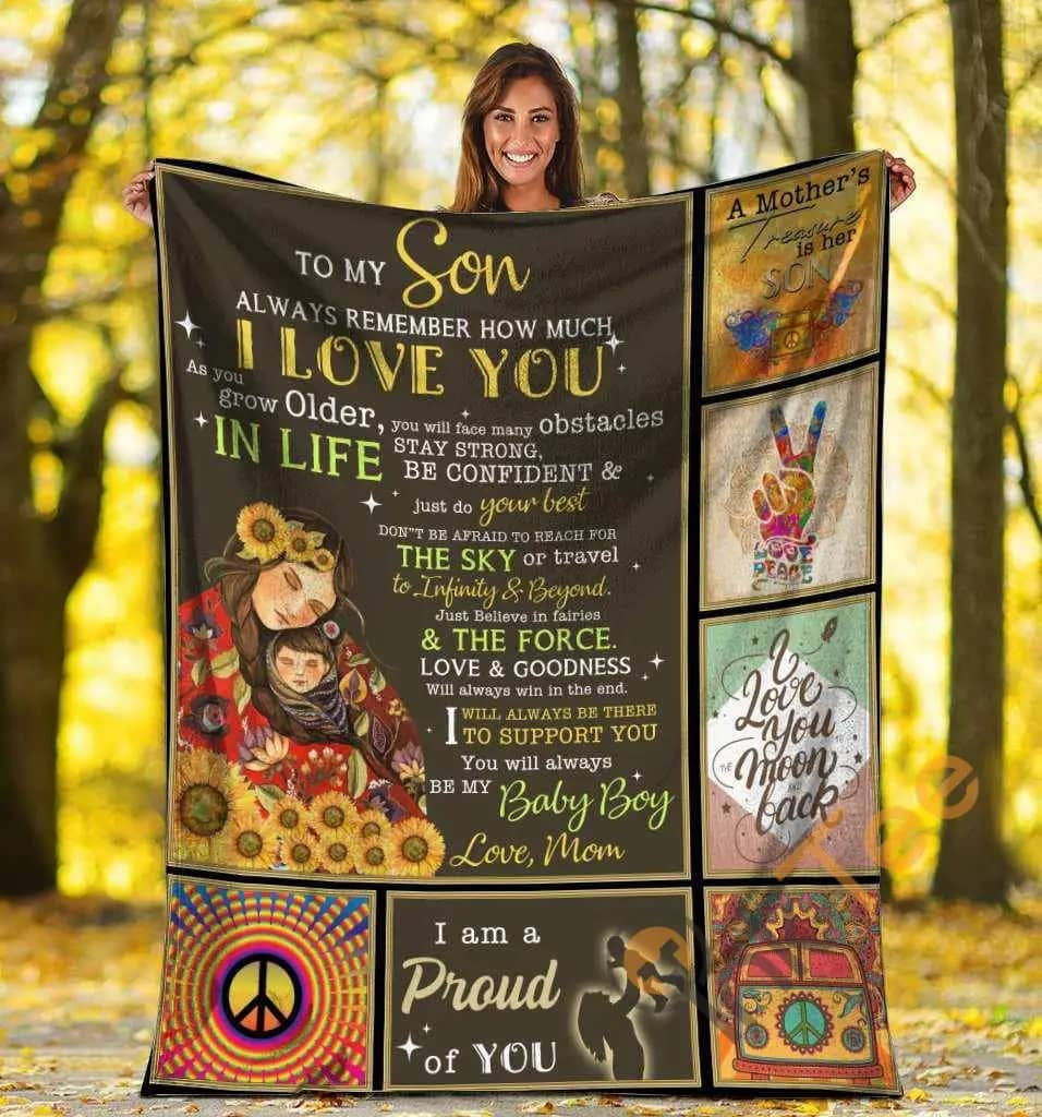 To My Son Always Remember That I Love You Mom And Son Hippie Sunflower Ultra Soft Cozy Plush Fleece Blanket
