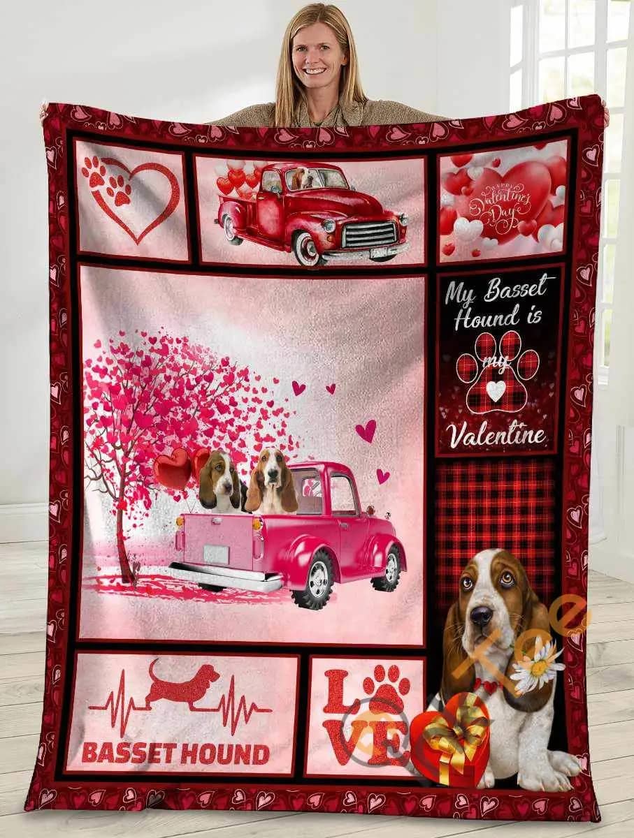 Valentine'S Day Gifts My Basset Hound Is My Valentine Basset Hound Dog Pink Truck Ultra Soft Cozy Plush Fleece Blanket