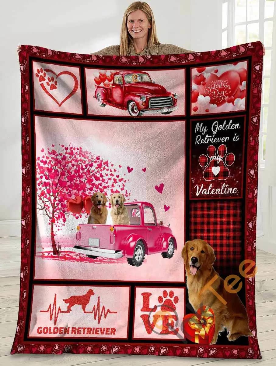 Valentine's Day Gifts My Golden Retriever Is My Valentine Golden Retriever Dog Pink Truck Ultra Soft Cozy Plush Fleece Blanket